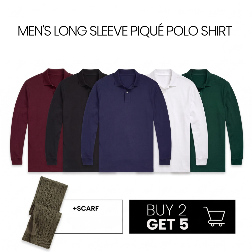HERREN LANGARM-PIQUÉ-POLOSHIRT — 2 KAUFEN, 5 ERHALTEN + GRATIS LEDERGÜRTEL